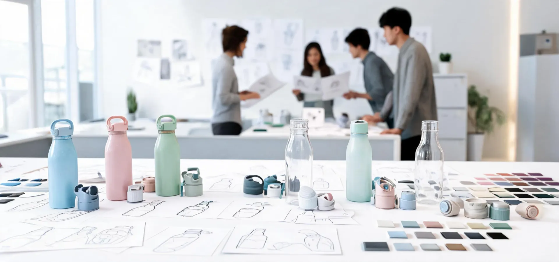 Owala design team reviewing bottle prototypes